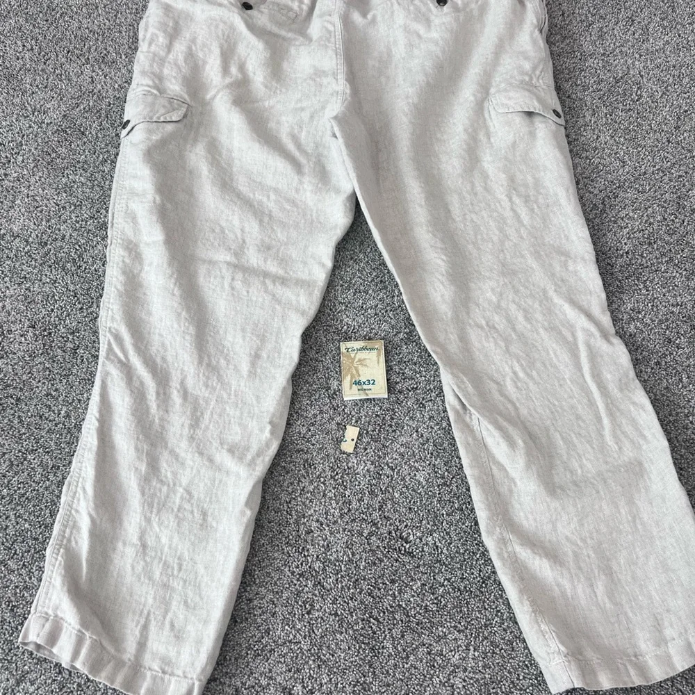 NWT! Caribbean 100% Linen Oatmeal Elastic Drawstring Waist Cargo Pants Mens46*32